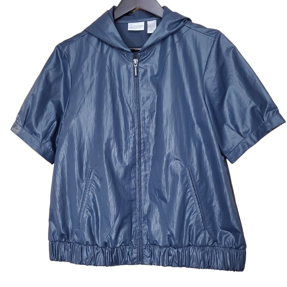 Zynergy by Chicos Carley Crinkle Blue Hooded Jacket Women's Size 1